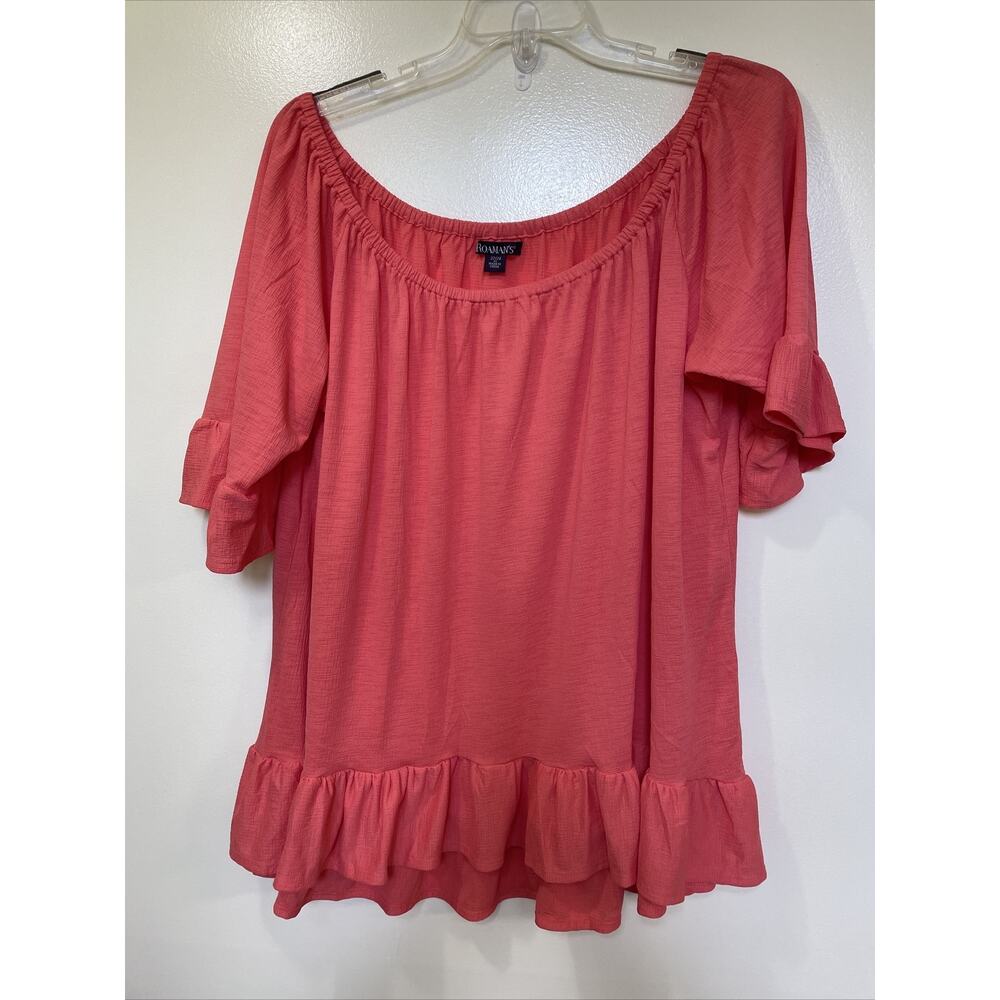 Roamans Womens Plus Size 1X 22-24 Top Coral Ruffle On or Off Shoulder Blouse